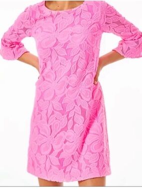 New! Lilly Pulitzer Ophelia Wild Flower Pink Lace 3/4 Bell Sleeve Dress Size M